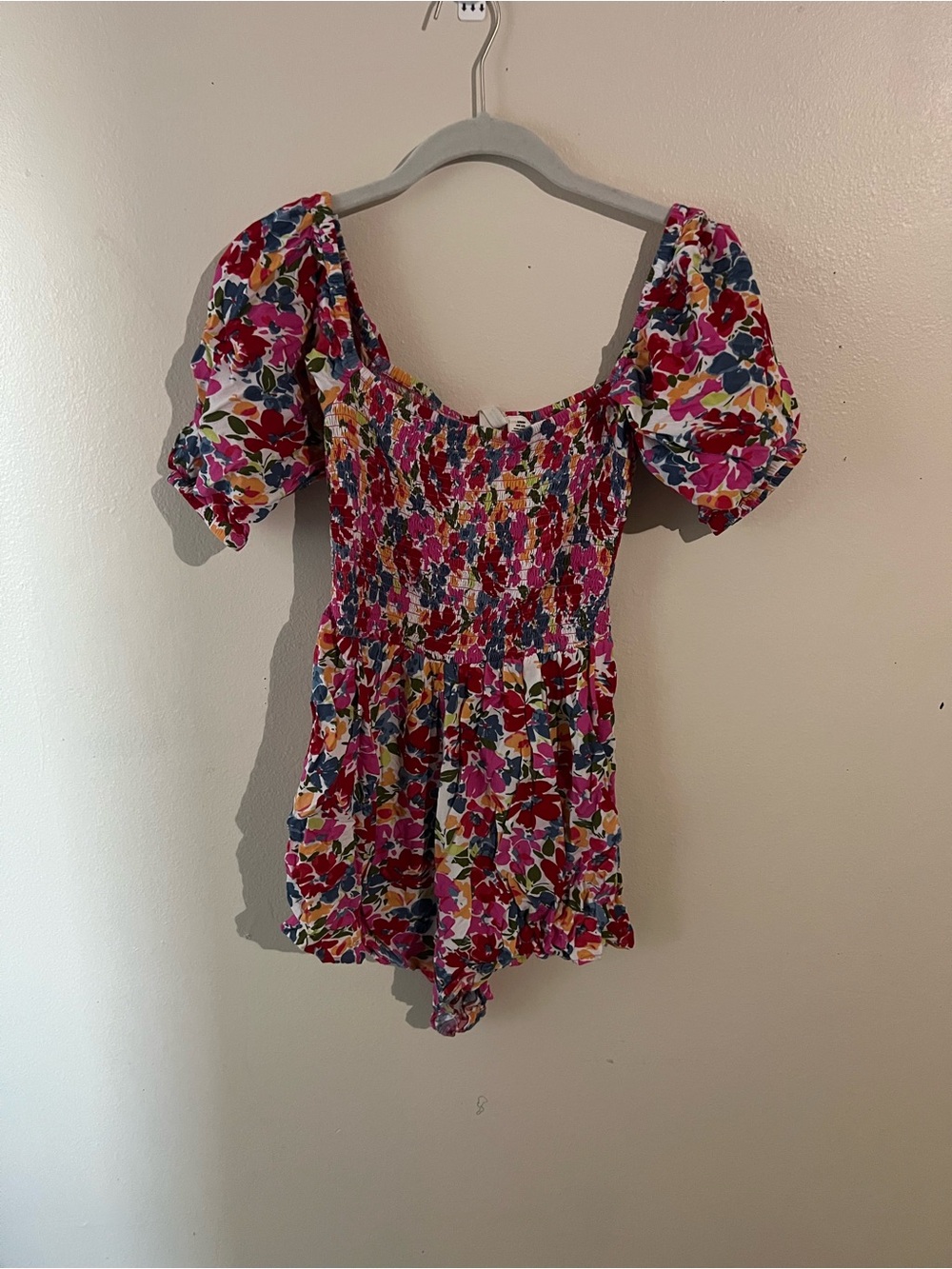 Roxy Pink Multi Floral Smocked Puff-Sleeve Romper